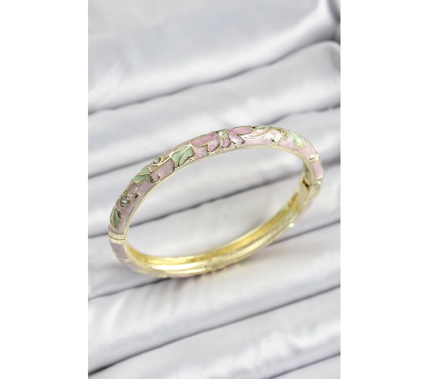 Mineli Pirinç Çiçek Motif Pembe Renk Kadın Kelepçe