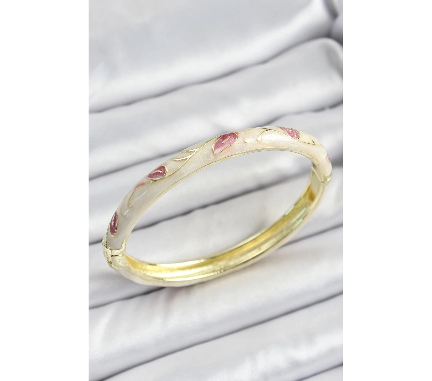 Mineli Pirinç Gold Renk Krem Çiçek Motifli Kadın Kelepçe