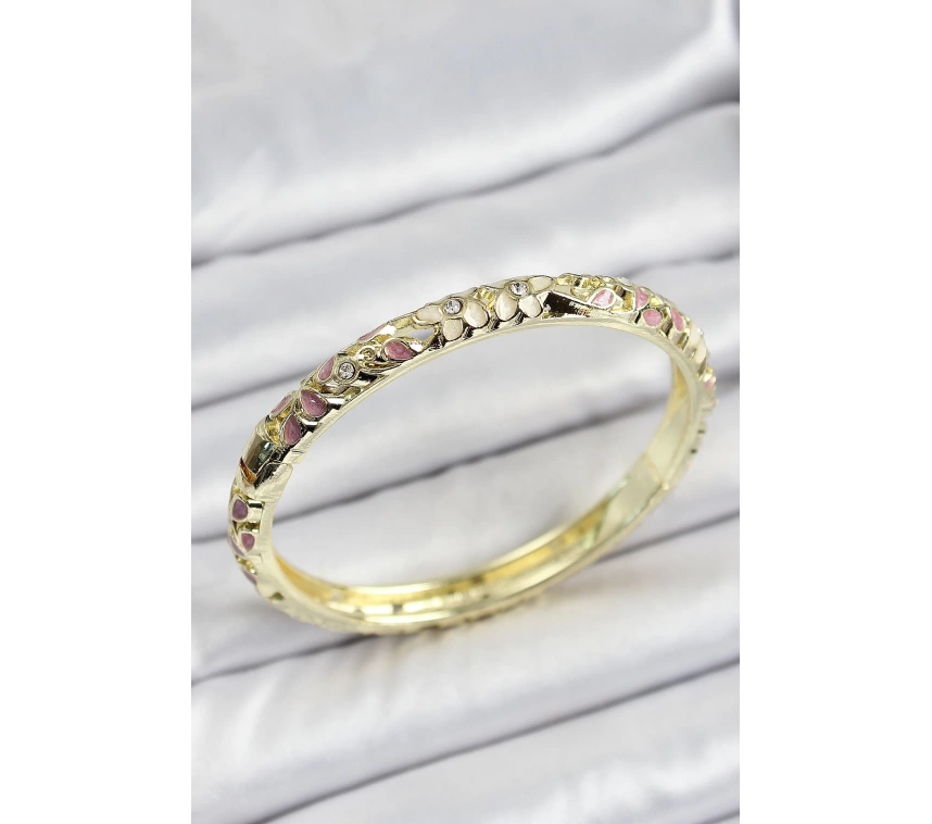 Mineli Pirinç Gold Renk Pembe Çiçek Desen Motifli Kadın Kelepçe