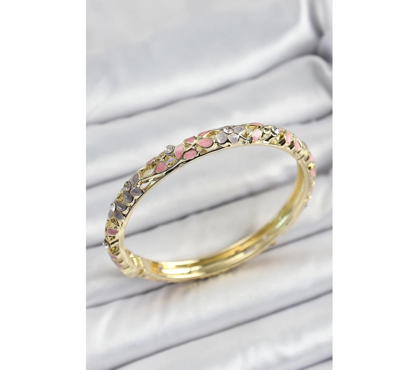 Mineli Pirinç Gold Renk Pembe Çiçek Motifli Kadın Kelepçe