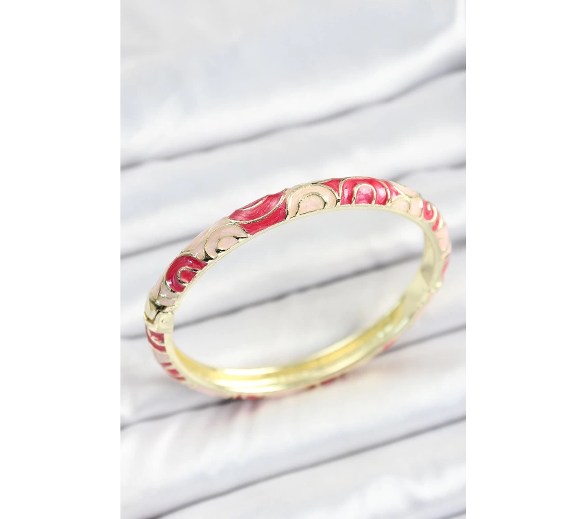 Mineli Pirinç Kırmızı Pembe Sarmal Desenli Gold Renk Kadın Kelepçe