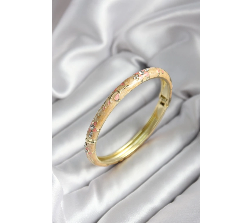 Mineli Pirinç Krem Çiçek Desenli Zirkon Taşlı Gold Renk Kadın Kelepçe (çap 60 mm)
