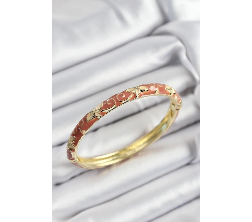 Mineli Pirinç Krem Çiçek Motifli Gold Renk Kadın Kelepçe