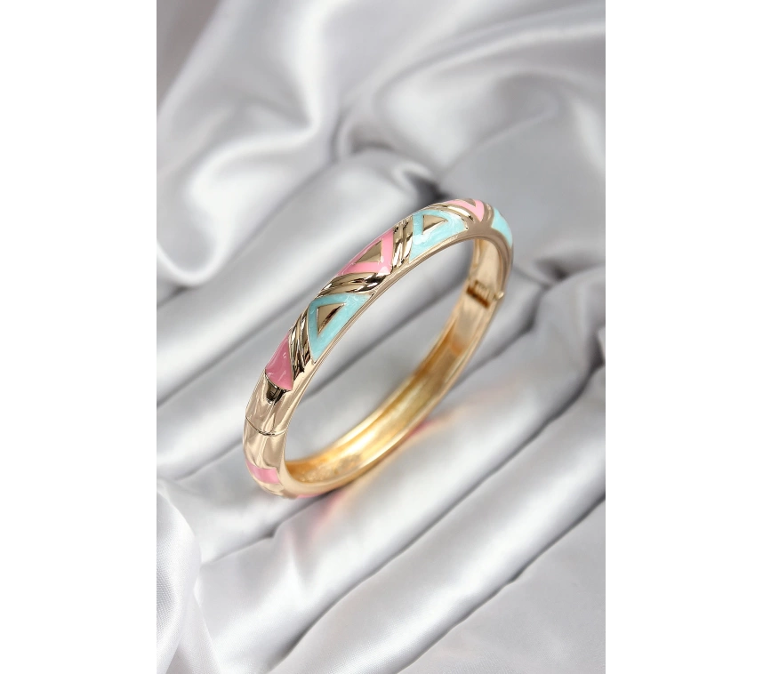 Mineli Pirinç Mavi Ve Pembe Üçgen Desenli Gold Renk Kadın Kelepçe (çap 60 mm)