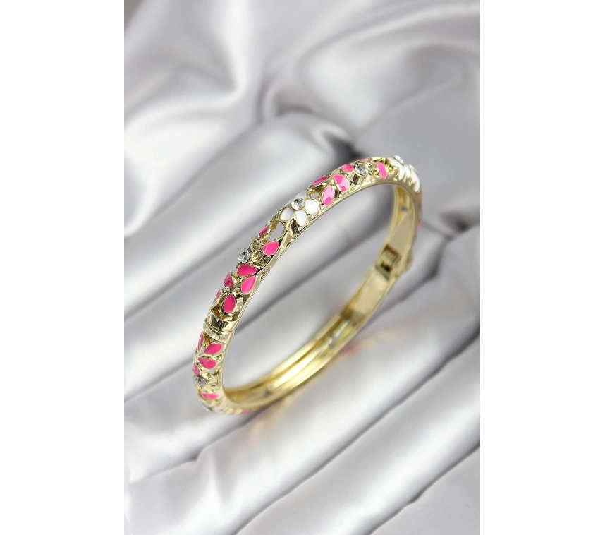 Mineli Pirinç Pembe Çiçek Desenli Gold Renk Kadın Kelepçe