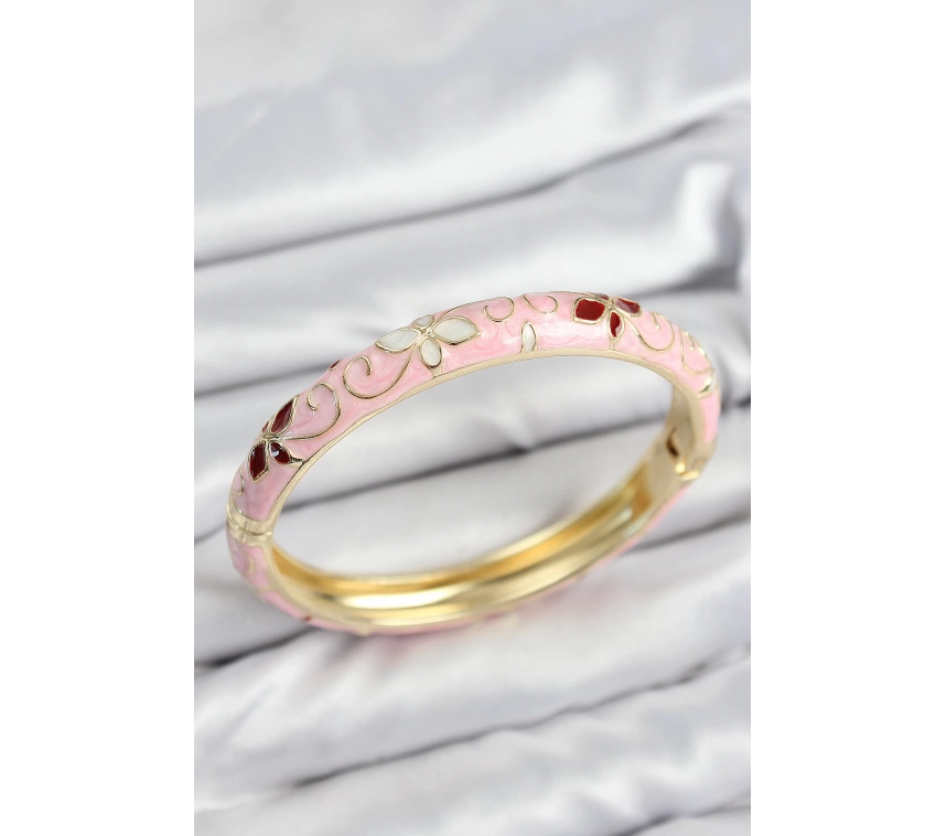 Mineli Pirinç Pembe Çiçek Motifli Gold Kadın Kelepçe