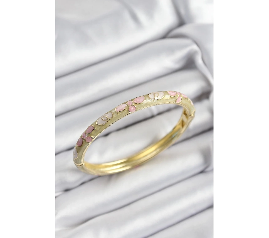Mineli Pirinç Pembe Hardal Ve Krem Çiçek Motifli Gold Renk Kadın Kelepçe