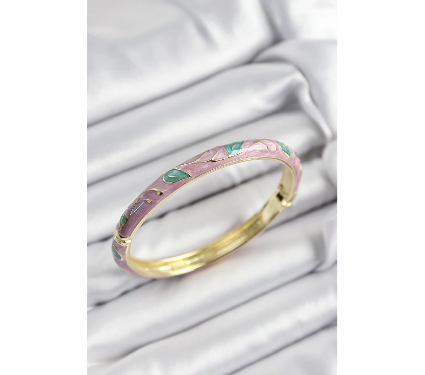 Mineli Pirinç Pembe Ve Yeşil Yaprak Motifli Gold Renk Kadın Kelepçe