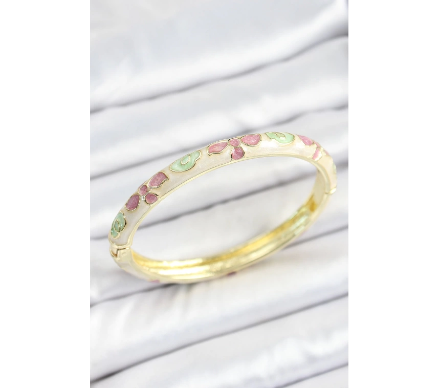 Mineli Pirinç Yeşil Pembe Çiçek Desenli Gold Renk Kadın Kelepçe