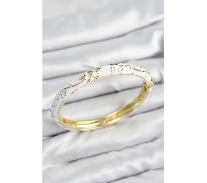 Mineli Pirinç Zirkon Taşlı Beyaz Çiçek Motifli Gold Kadın Kelepçe