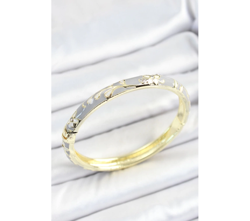 Mineli Pirinç Zirkon Taşlı Gri Çiçek Desenli Gold Renk Kadın Kelepçe