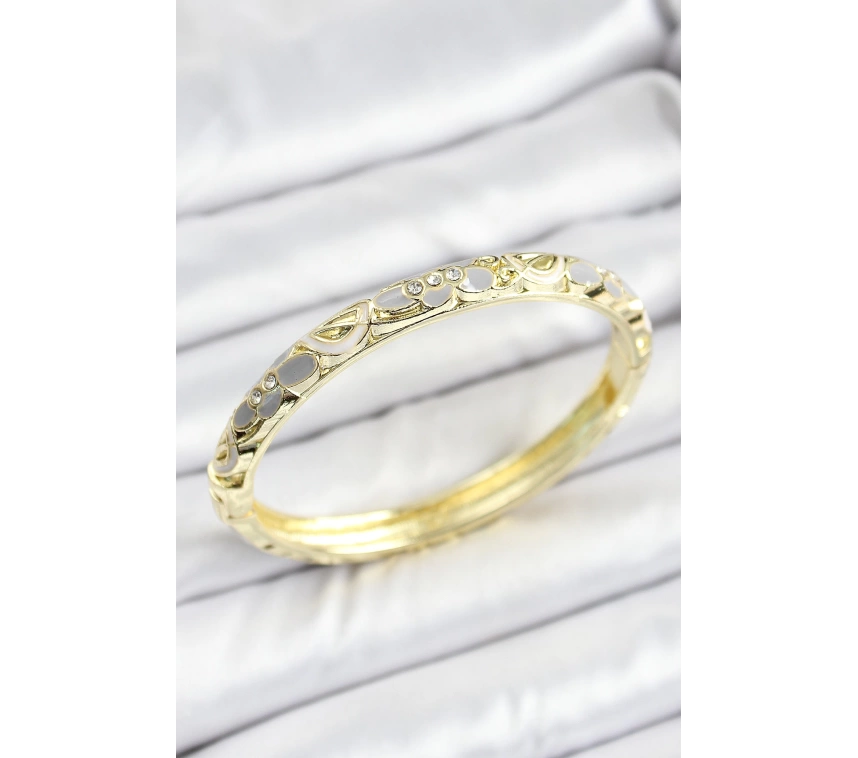 Mineli Pirinç Zirkon Taşlı Gri Çiçek Desenli Gold Renk Kadın Kelepçe