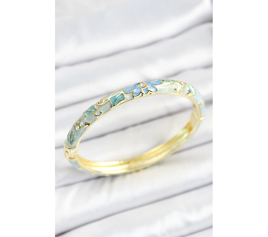 Mineli Pirinç Zirkon Taşlı Mavi Çiçek Desenli Gold Renk Kadın Kelepçe