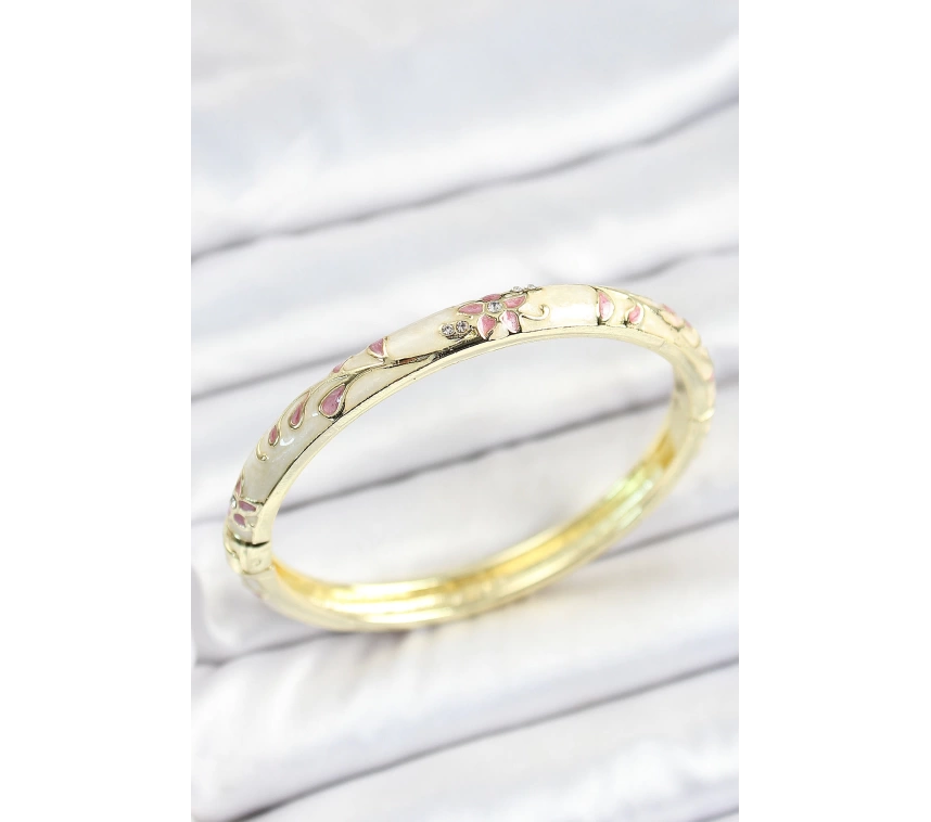 Mineli Pirinç Zirkon Taşlı Pembe Çiçek Desenli Gold Renk Kadın Kelepçe