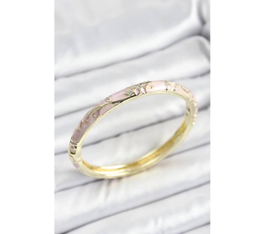 Mineli Pirinç Zirkon Taşlı Pembe Çiçek Desenli Gold Renk Kadın Kelepçe