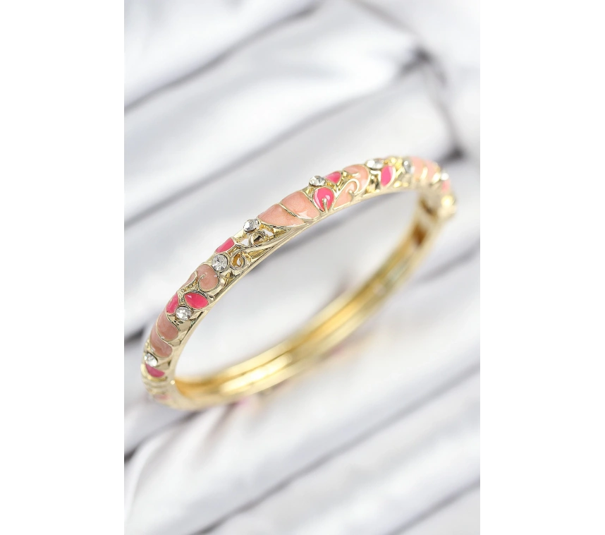 Mineli Pirinç Zirkon Taşlı Pembe Çiçek Motifli Gold Kadın Kelepçe