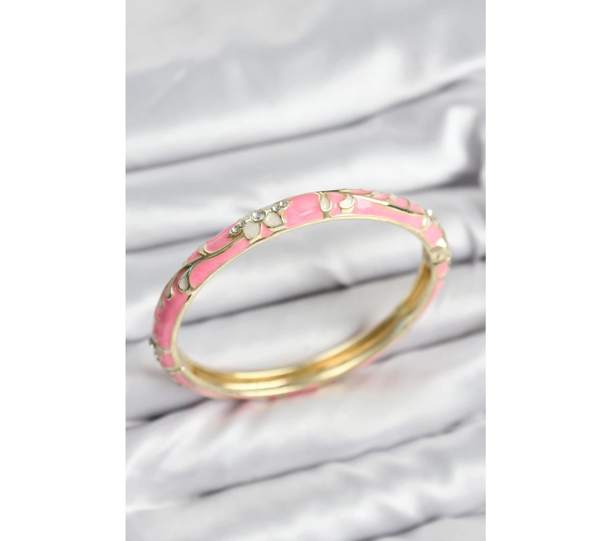 Mineli Pirinç Zirkon Taşlı Pembe Çiçek Motifli Gold Kadın Kelepçe