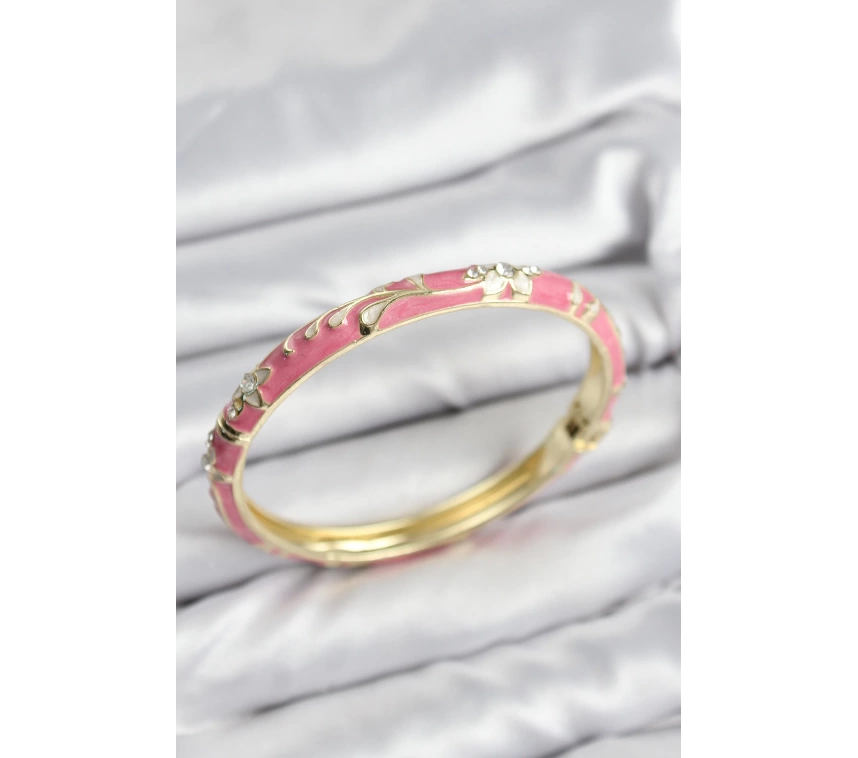 Mineli Pirinç Zirkon Taşlı Pembe Çiçek Motifli Gold Kadın Kelepçe