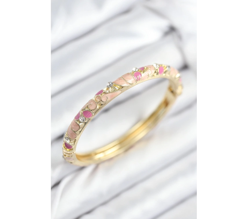 Mineli Pirinç Zirkon Taşlı Pembe Çiçek Motifli Gold Kadın Kelepçe