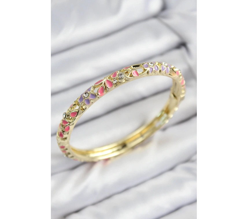 Mineli Pirinç Zirkon Taşlı Pembe Mor Çiçek Motifli Gold Kadın Kelepçe