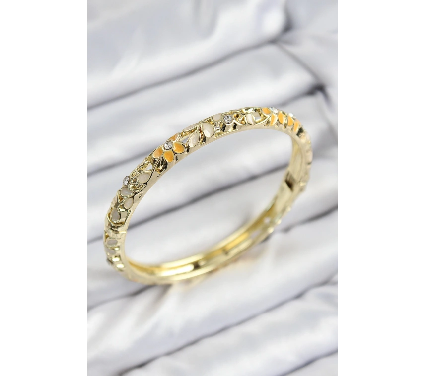 Mineli Pirinç Zirkon Taşlı Sarı Krem Çiçek Motifli Gold Kadın Kelepçe