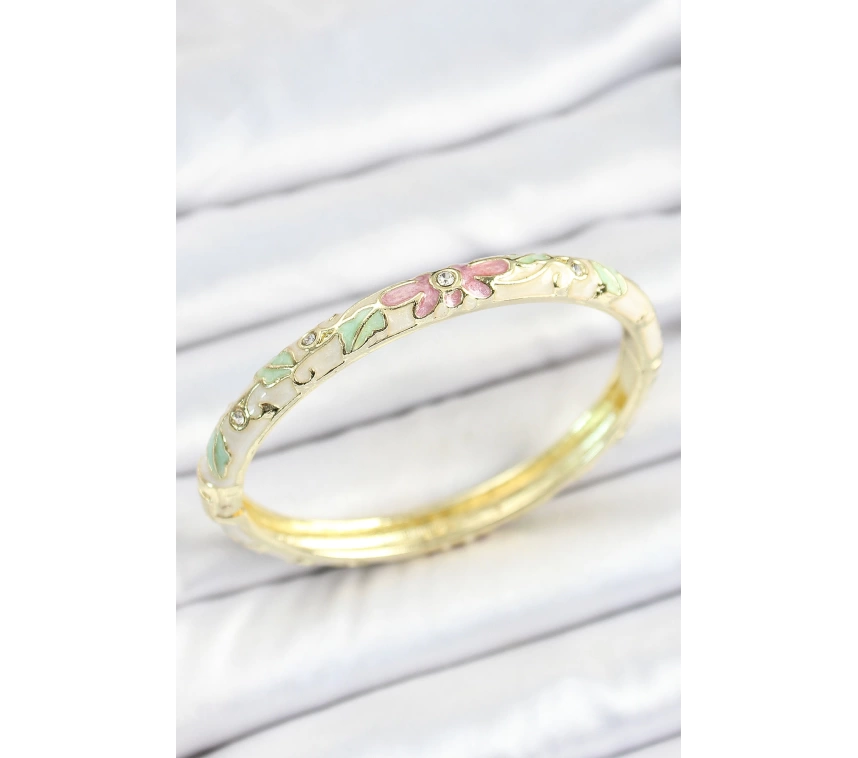 Mineli Pirinç Zirkon Taşlı Yeşil Pembe Çiçek Desenli Gold Renk Kadın Kelepçe