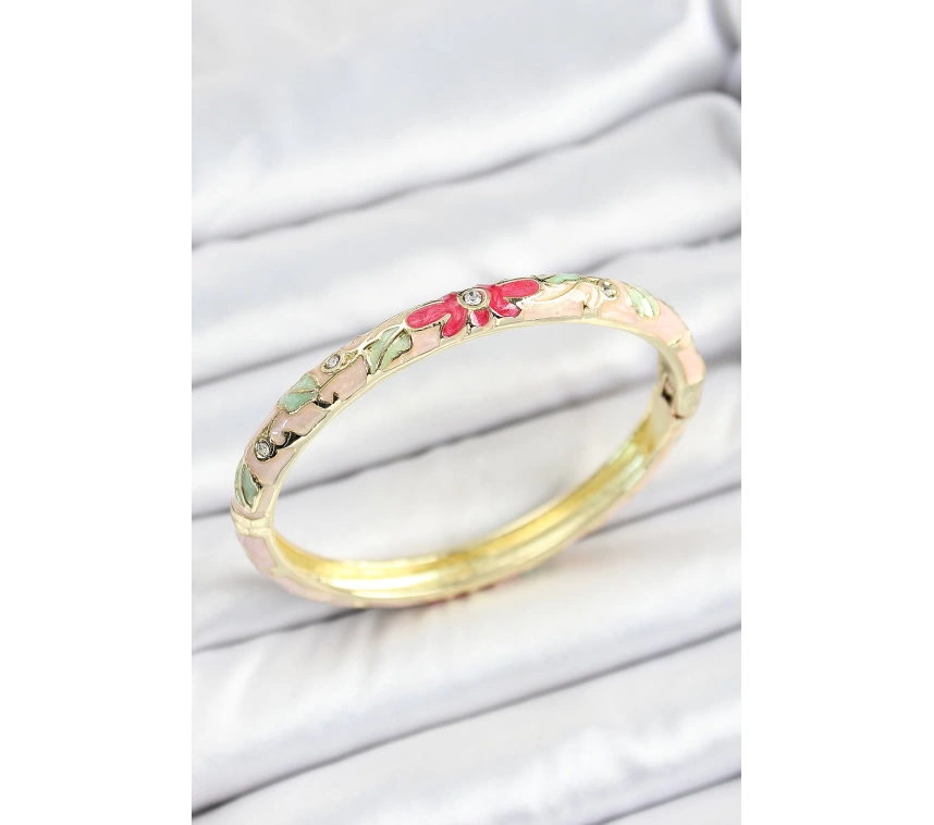 Mineli Pirinç Zirkon Taşlı Yeşil Pembe Çiçek Desenli Gold Renk Kadın Kelepçe