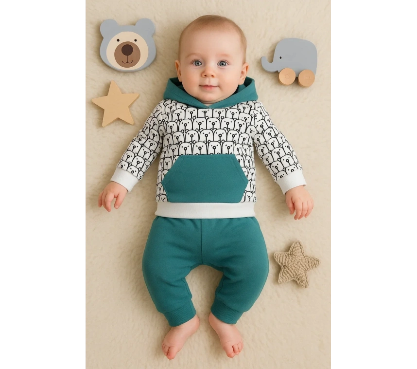 Minik Ayıcıklar Desenli 2li % 100 Pamuk Erkek Bebek Takımı