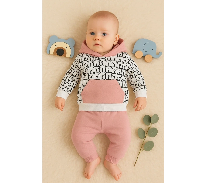 Minik Ayıcıklar Desenli 2li % 100 Pamuk Kız Bebek Takımı