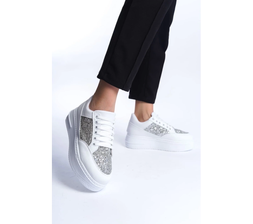 MIPA Bağcıklı Ortopedik Taban Simli Kadın Sneaker Spor Ayakkabı  BT - Beyaz