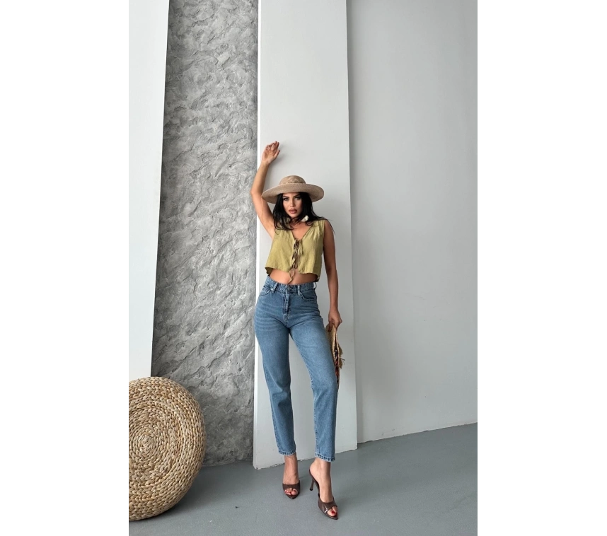 Mom fit bıyık kar yıkama jeans pantolon koyu mavi