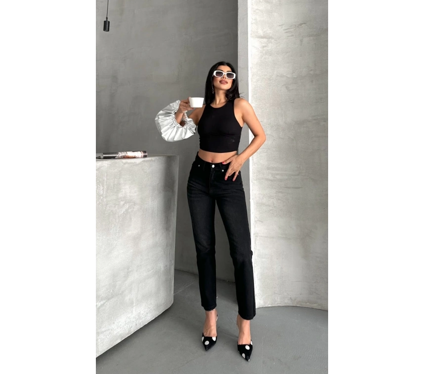Mom fit enzim bıyıklı taş yıkama jeans pantolon siyah