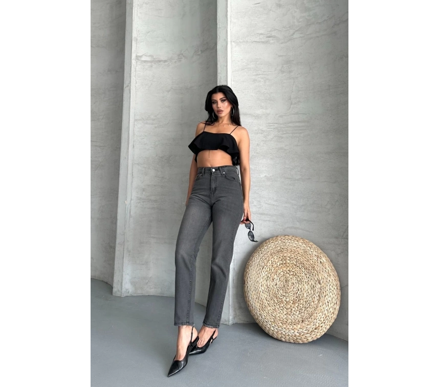 Mom fit enzim taş yıkama jeans pantolon füme