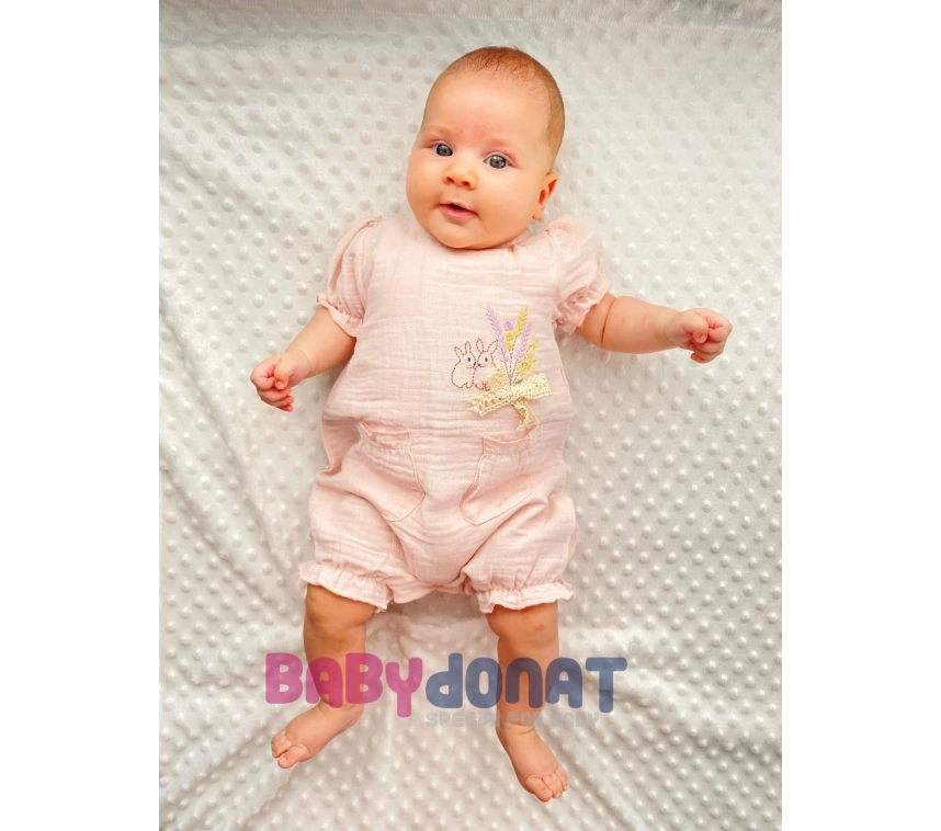 Müslin Kumaş Çiçek Nakışlı Pamuklu Kız Bebek Tulum