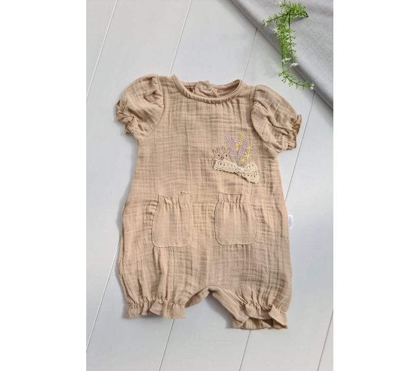 Müslin Kumaş Çiçek Nakışlı Pamuklu Kız Bebek Tulum