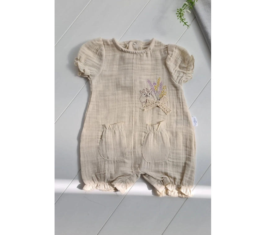 Müslin Kumaş Çiçek Nakışlı Pamuklu Kız Bebek Tulum