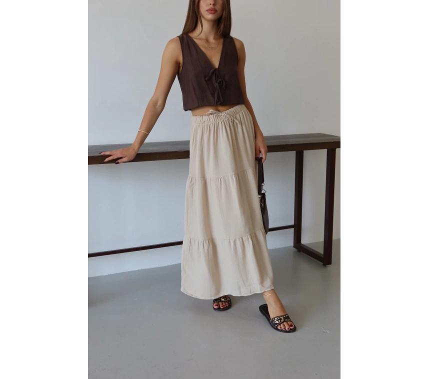 Müslin kumaş keten uzun etek bej pt