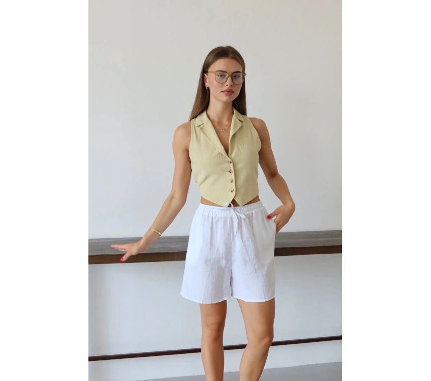 Müslin kumaş şort bağcıklı beyaz pt