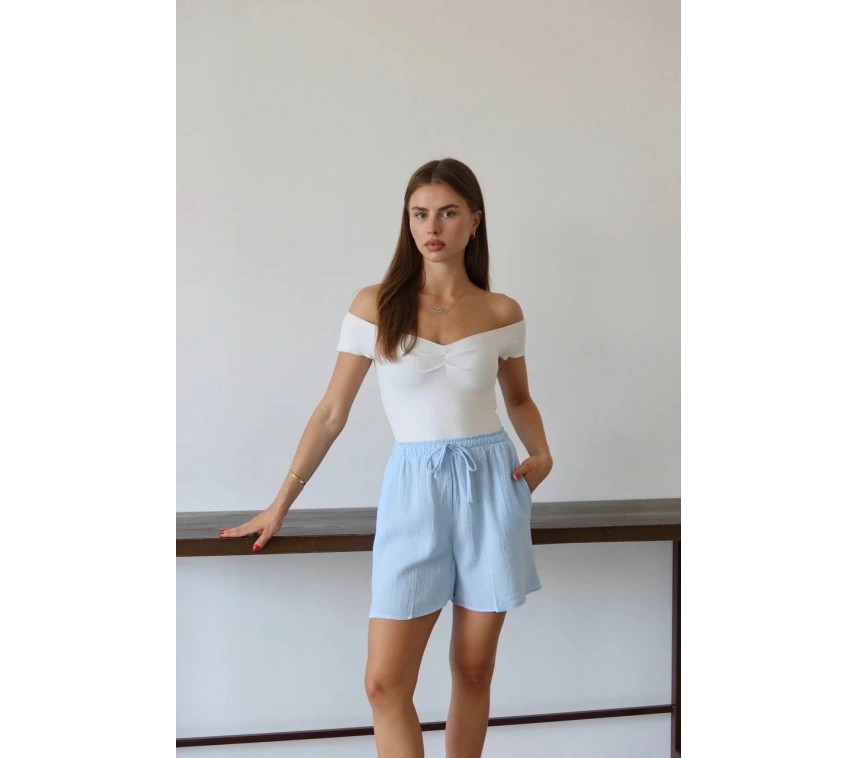 Müslin kumaş şort bağcıklı mavi pt