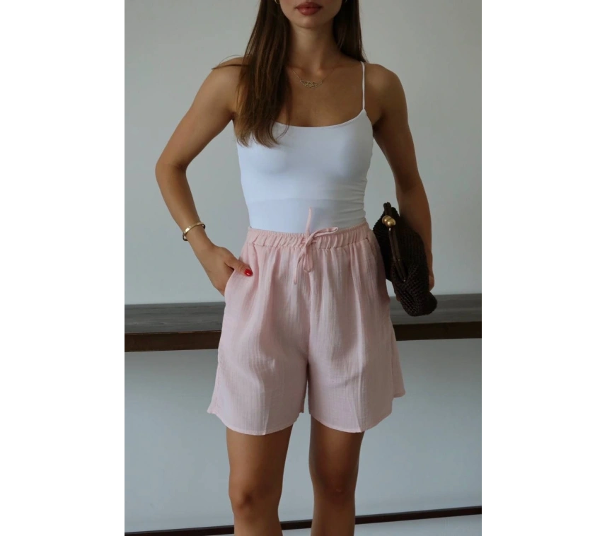 Müslin kumaş şort bağcıklı pembe pt