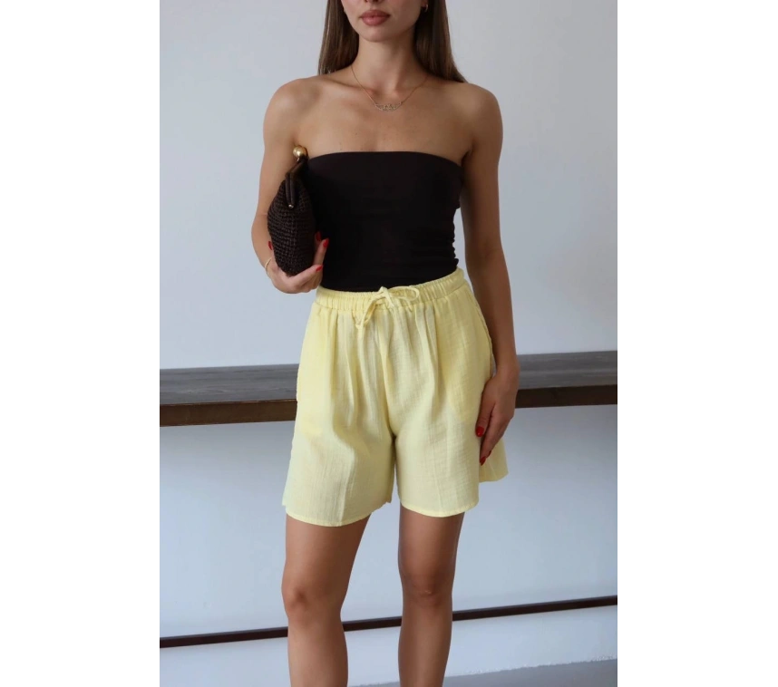 Müslin kumaş şort bağcıklı sarı pt