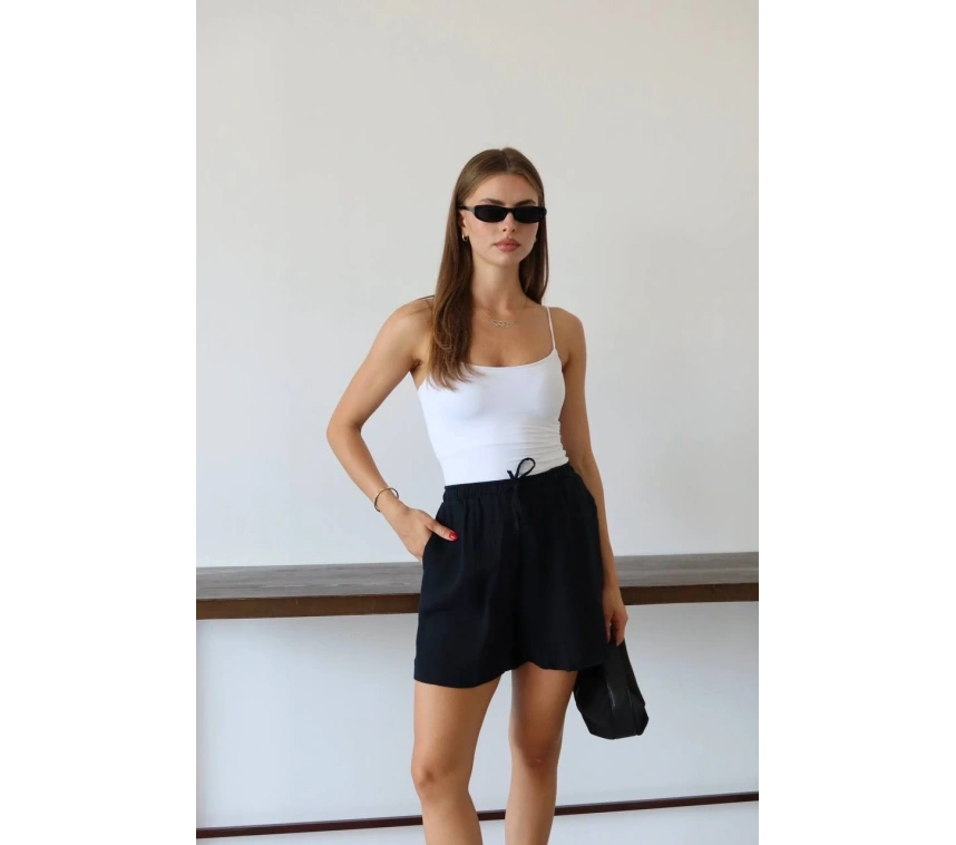 Müslin kumaş şort bağcıklı siyah pt