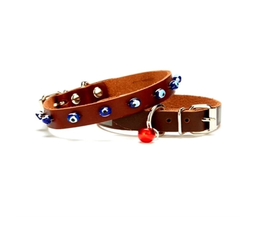 Nazar Boncuklu Kedi Ve Küçük Irk Köpek Tasması 1x14-18 cm Kahve XSmall