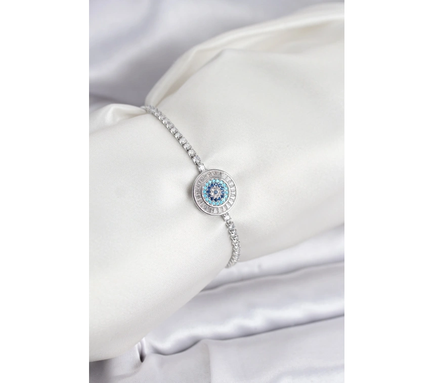 Nazar Model Zirkon Taşlı Gümüş Renk Asansörlü Su Yolu Bileklik