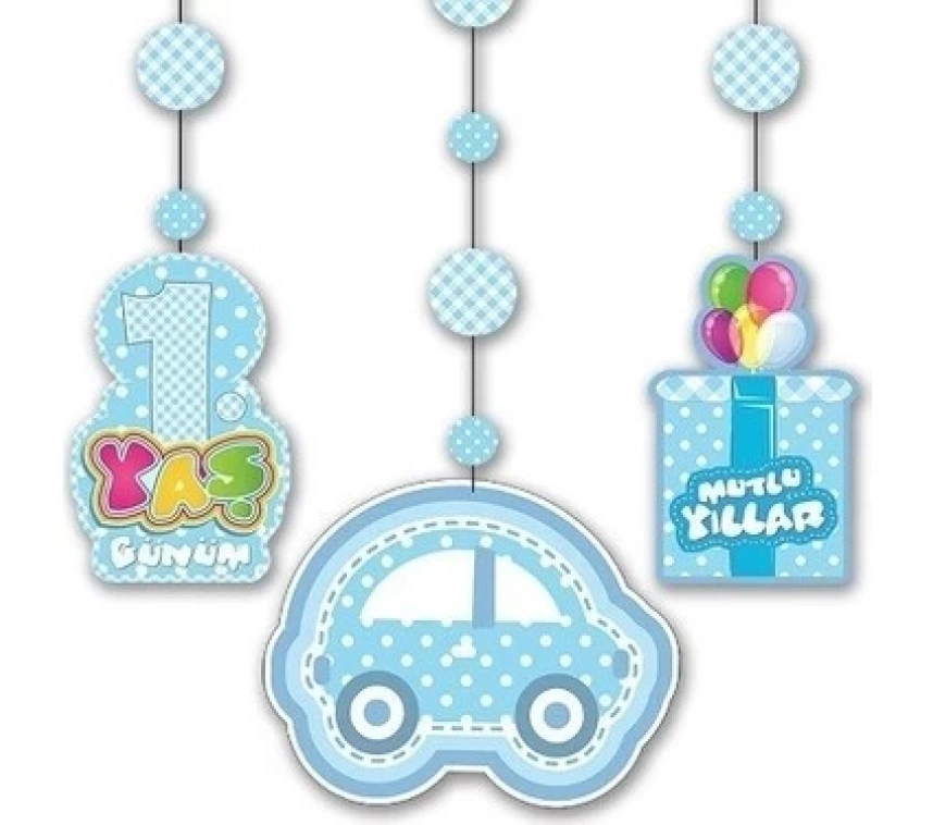 Nessiworld 1 Yaş Temalı Asmalı İp Süs Mavi Renk 3 lü Set 12x45 cm