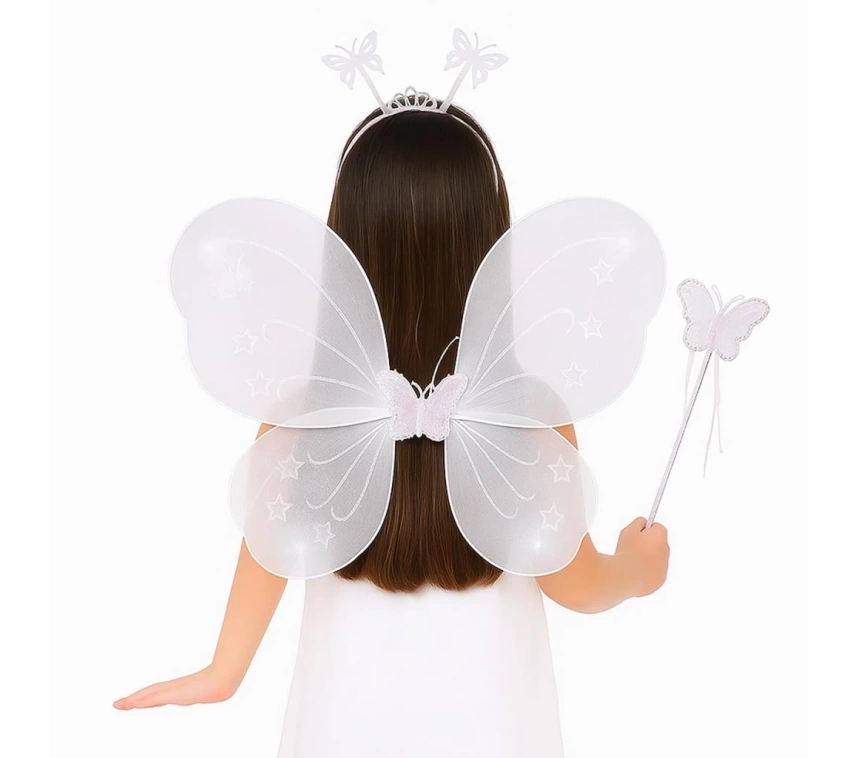 Nessiworld Beyaz Kelebek Kız Seti – 50 cm Kelebek Kanadı, Taç ve Asa