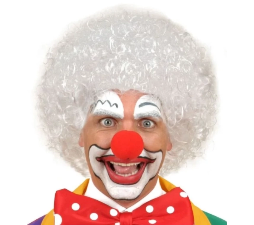 NessiWorld Beyaz Renk Kıvırcık Afro Bonus Peruk Saç ve Kırmızı Sünger Burun Seti
