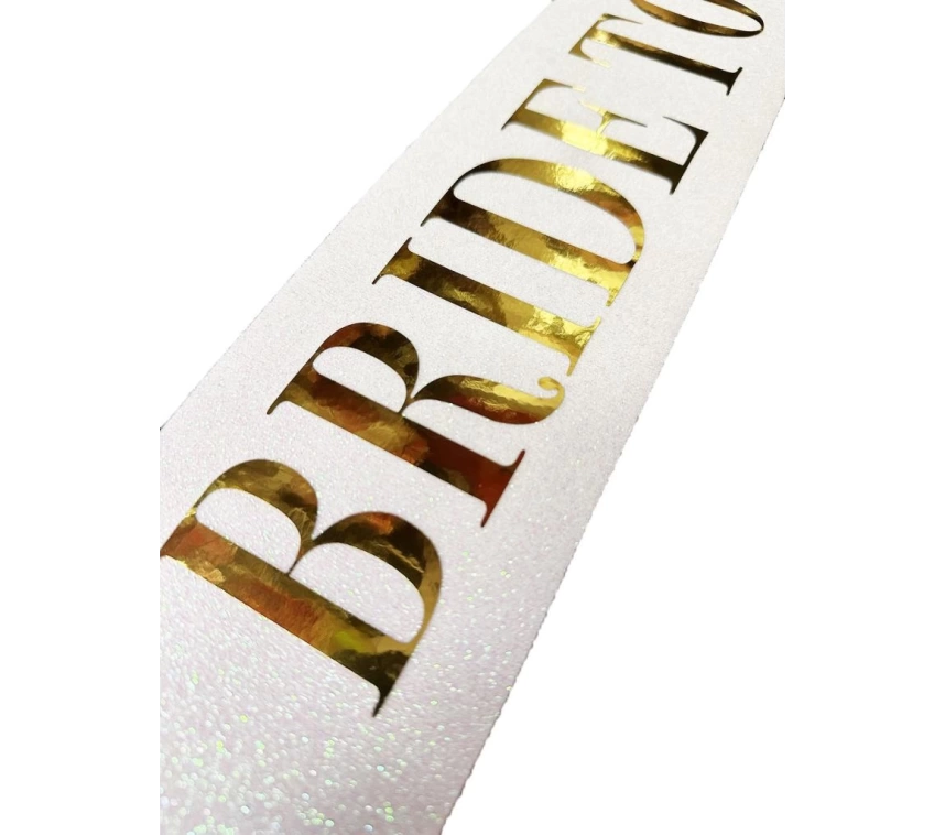 NessiWorld Beyaz Üzeri Altın Büyük Bride To Be Yazılı Simli Işıltılı Kuşak Kemer 10x80 cm