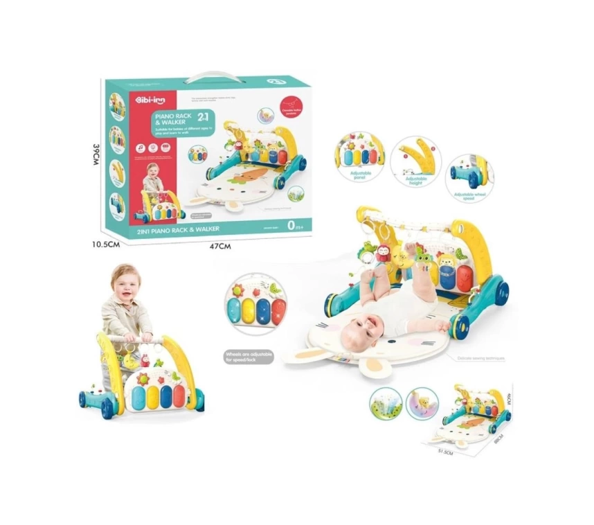Nessiworld BIB6015 -Vardem Piyanolu 2 in 1 Bebek Yürüteci ve Tavşan Desenli Mavi Oyun Halısı