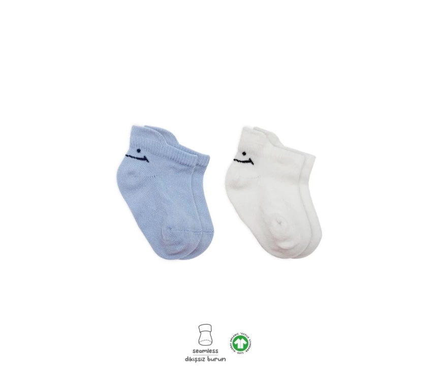 Nessiworld Bistyle 2Li Sneakers Smile Penye Çorap BS20106 Mavi Ekru
